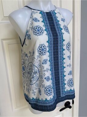 Mine Womens High Neck Halter Tank Top Western Floral Paisley Handkerchief sz M